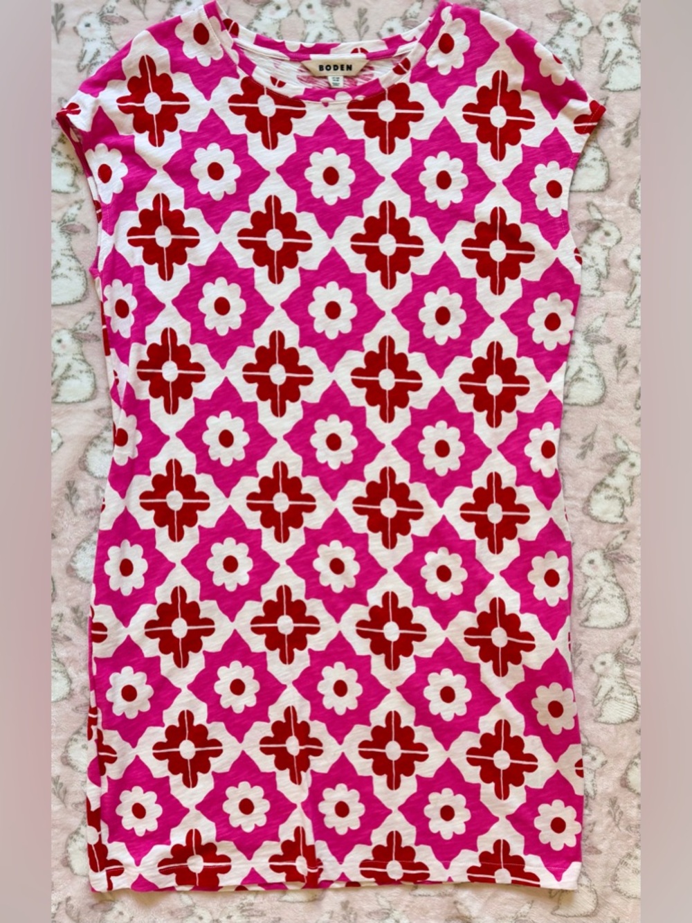 Boden Pink Red White Geometric Floral Knit Shift Dress